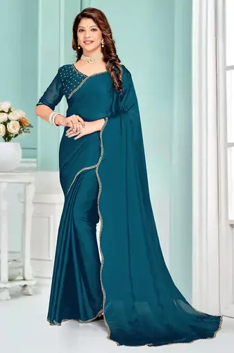 Teal blue handwork zarkan border designer chiffon saree with blouse piece