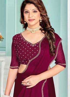 Wine handwork zarkan border designer chiffon saree with blouse piece 1