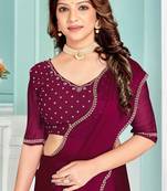 Wine handwork zarkan border designer chiffon saree with blouse piece