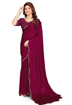 Wine handwork zarkan border designer chiffon saree with blouse piece 3