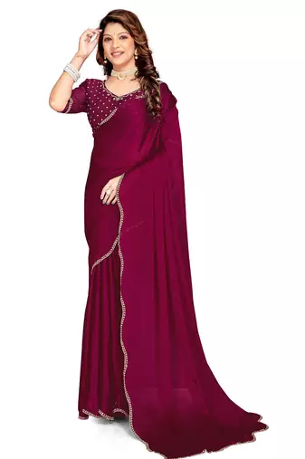 Wine handwork zarkan border designer chiffon saree with blouse piece