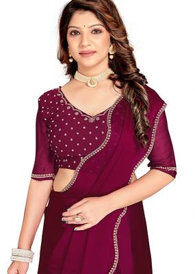 Wine handwork zarkan border designer chiffon saree with blouse piece 4