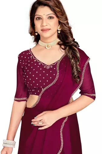 Wine handwork zarkan border designer chiffon saree with blouse piece