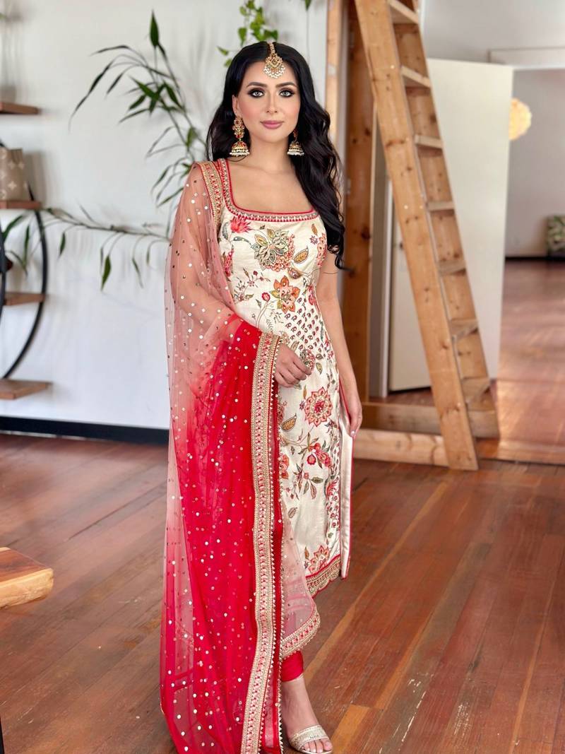 Cream Chinnon Digital Print With Lace Work Kurta Pant Set