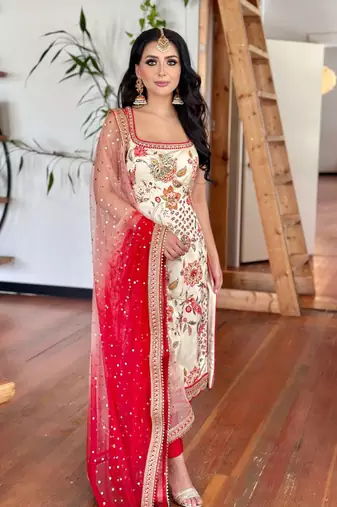 Cream Chinnon Digital Print With Lace Work Kurta Pant Set