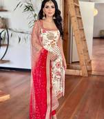Cream Chinnon Digital Print With Lace Work Kurta Pant Set