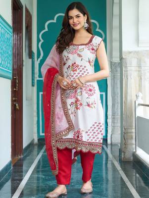 Cream Satin Digital Print With Lace Work Kurta Pant Set 1