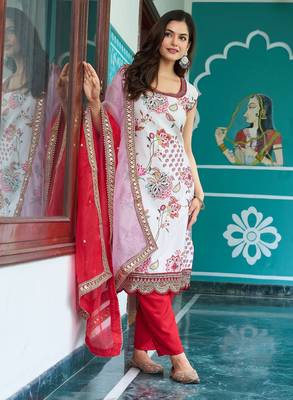 Cream Satin Digital Print With Lace Work Kurta Pant Set 3