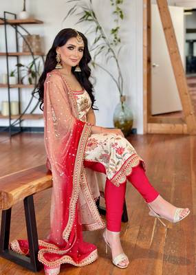 Cream Chinnon Digital Print With Lace Work Kurta Pant Set 4