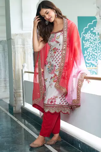 Cream Satin Digital Print With Lace Work Kurta Pant Set
