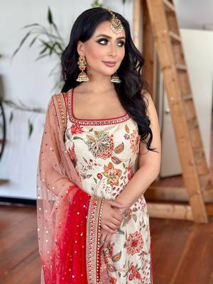Cream Chinnon Digital Print With Lace Work Kurta Pant Set 5