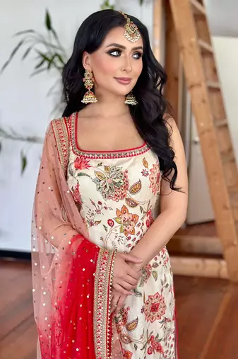 Cream Chinnon Digital Print With Lace Work Kurta Pant Set