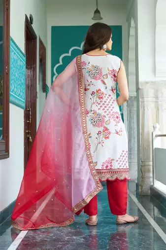 Cream Satin Digital Print With Lace Work Kurta Pant Set