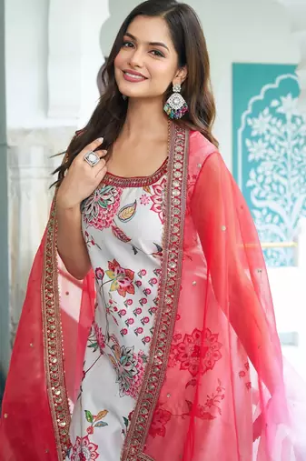 Cream Satin Digital Print With Lace Work Kurta Pant Set
