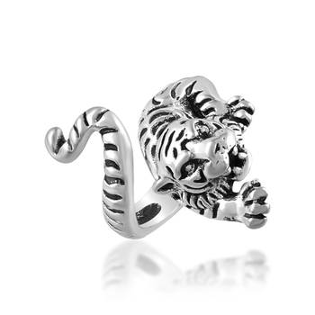 Brass antique silver attacking tiger finger ring 3