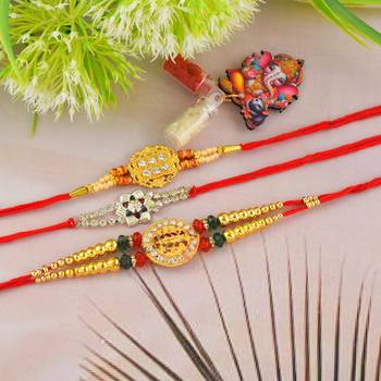 Rakhi for bhaiya bhabhi-2 brass gold plated and one pure silver (pack of 3) 1