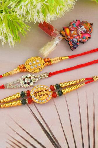 Rakhi for bhaiya bhabhi-2 brass gold plated and one pure silver (pack of 3)