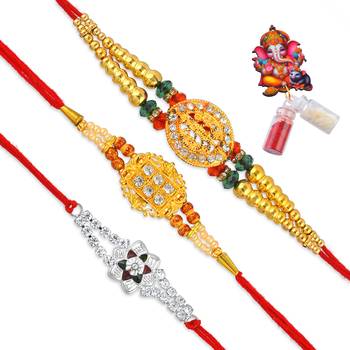 Rakhi for bhaiya bhabhi-2 brass gold plated and one pure silver (pack of 3) 2