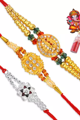 Rakhi for bhaiya bhabhi-2 brass gold plated and one pure silver (pack of 3)