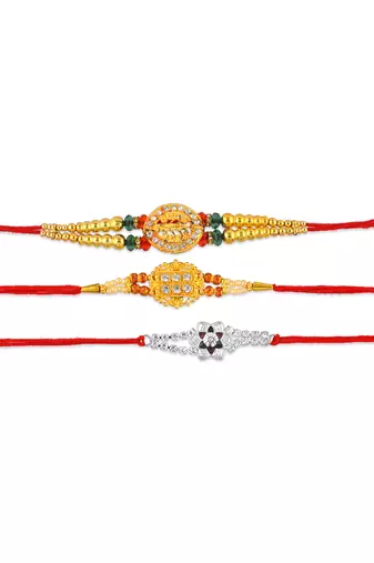 Rakhi for bhaiya bhabhi-2 brass gold plated and one pure silver (pack of 3)