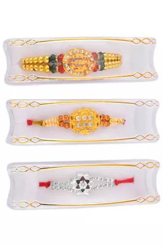 Rakhi for bhaiya bhabhi-2 brass gold plated and one pure silver (pack of 3)