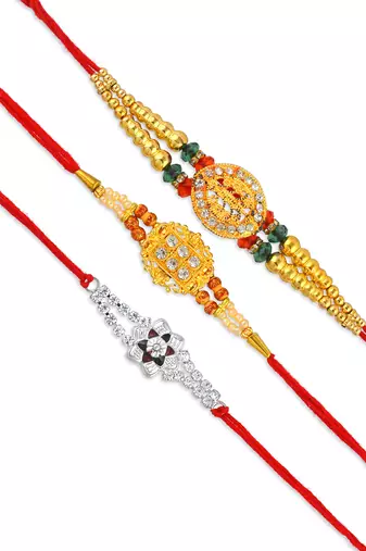 Rakhi for bhaiya bhabhi-2 brass gold plated and one pure silver (pack of 3)