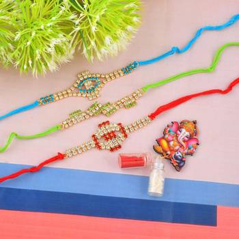 Rakhi for bhaiya bhabhi- colourful crystal studded-pack of 3 1