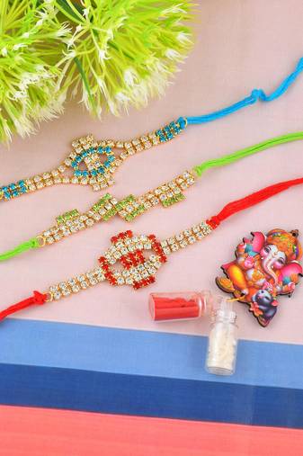 Rakhi for bhaiya bhabhi- colourful crystal studded-pack of 3