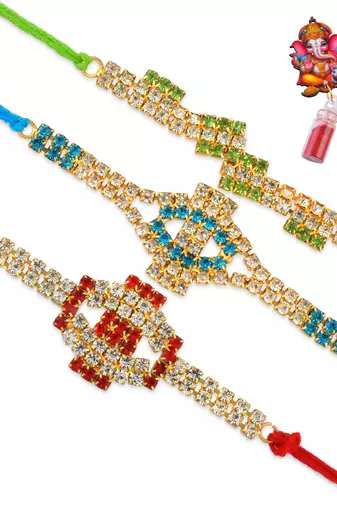Rakhi for bhaiya bhabhi- colourful crystal studded-pack of 3