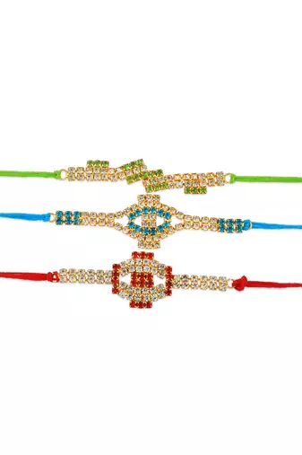 Rakhi for bhaiya bhabhi- colourful crystal studded-pack of 3