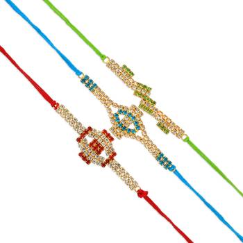 Rakhi for bhaiya bhabhi- colourful crystal studded-pack of 3 4