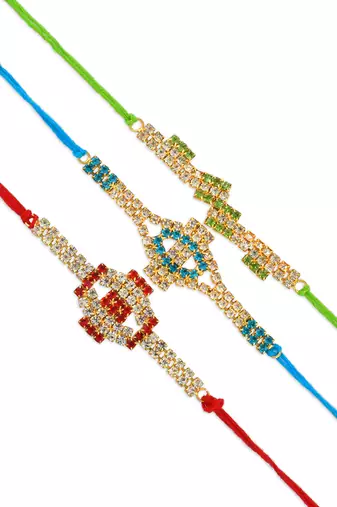 Rakhi for bhaiya bhabhi- colourful crystal studded-pack of 3