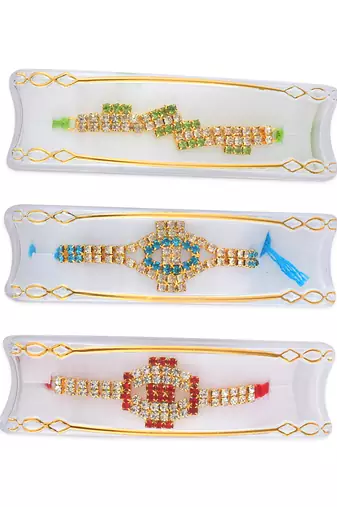 Rakhi for bhaiya bhabhi- colourful crystal studded-pack of 3