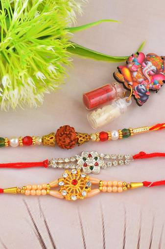 Rakhi for bhaiya bhabhi- brass micron gold plated, one pure silver with one rudraksh (pack of 3)