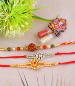 Rakhi for bhaiya bhabhi- brass micron gold plated, one pure silver with one rudraksh (pack of 3)