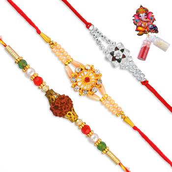 Rakhi for bhaiya bhabhi- brass micron gold plated, one pure silver with one rudraksh (pack of 3) 2