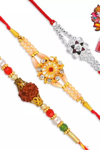 Rakhi for bhaiya bhabhi- brass micron gold plated, one pure silver with one rudraksh (pack of 3)
