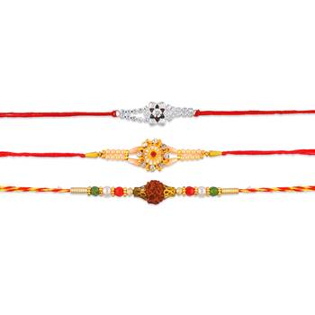 Rakhi for bhaiya bhabhi- brass micron gold plated, one pure silver with one rudraksh (pack of 3) 3