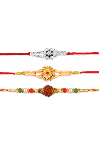 Rakhi for bhaiya bhabhi- brass micron gold plated, one pure silver with one rudraksh (pack of 3)