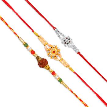 Rakhi for bhaiya bhabhi- brass micron gold plated, one pure silver with one rudraksh (pack of 3) 4