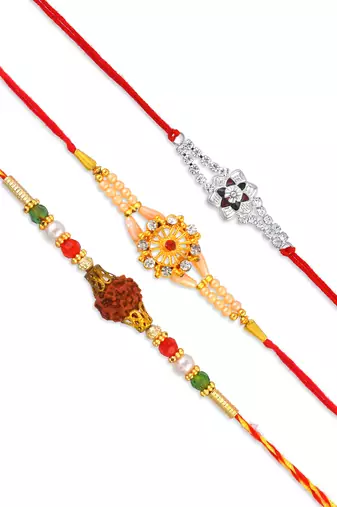 Rakhi for bhaiya bhabhi- brass micron gold plated, one pure silver with one rudraksh (pack of 3)