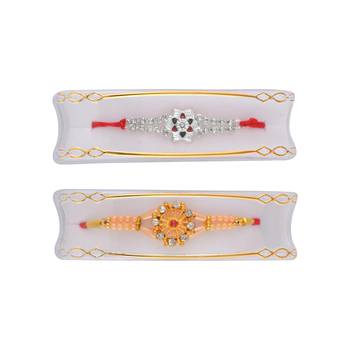 Rakhi for bhaiya bhabhi- brass micron gold plated, one pure silver with one rudraksh (pack of 3) 5