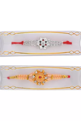 Rakhi for bhaiya bhabhi- brass micron gold plated, one pure silver with one rudraksh (pack of 3)