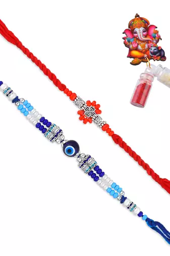 Rakhi for bhaiya bhabhi- one long wraparound with one silver charm red rakhi   (pack of 2)