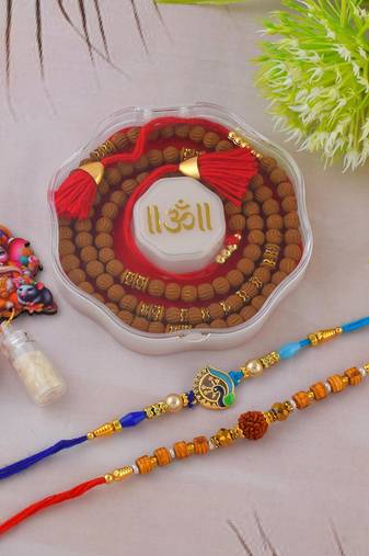 Rakhi for bhaiya bhabhi- one long tulsi bead wraparound with one pure silver charm and one rudraksh   (pack of 3 )