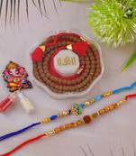 Rakhi for bhaiya bhabhi- one long tulsi bead wraparound with one pure silver charm and one rudraksh   (pack of 3 )
