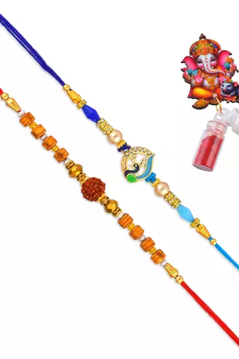 Rakhi for bhaiya bhabhi- one long tulsi bead wraparound with one pure silver charm and one rudraksh   (pack of 3 )