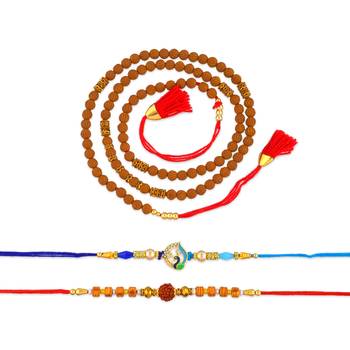 Rakhi for bhaiya bhabhi- one long tulsi bead wraparound with one pure silver charm and one rudraksh   (pack of 3 ) 3