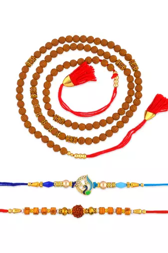 Rakhi for bhaiya bhabhi- one long tulsi bead wraparound with one pure silver charm and one rudraksh   (pack of 3 )