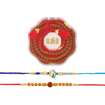 Rakhi for bhaiya bhabhi- one long tulsi bead wraparound with one pure silver charm and one rudraksh   (pack of 3 ) 4